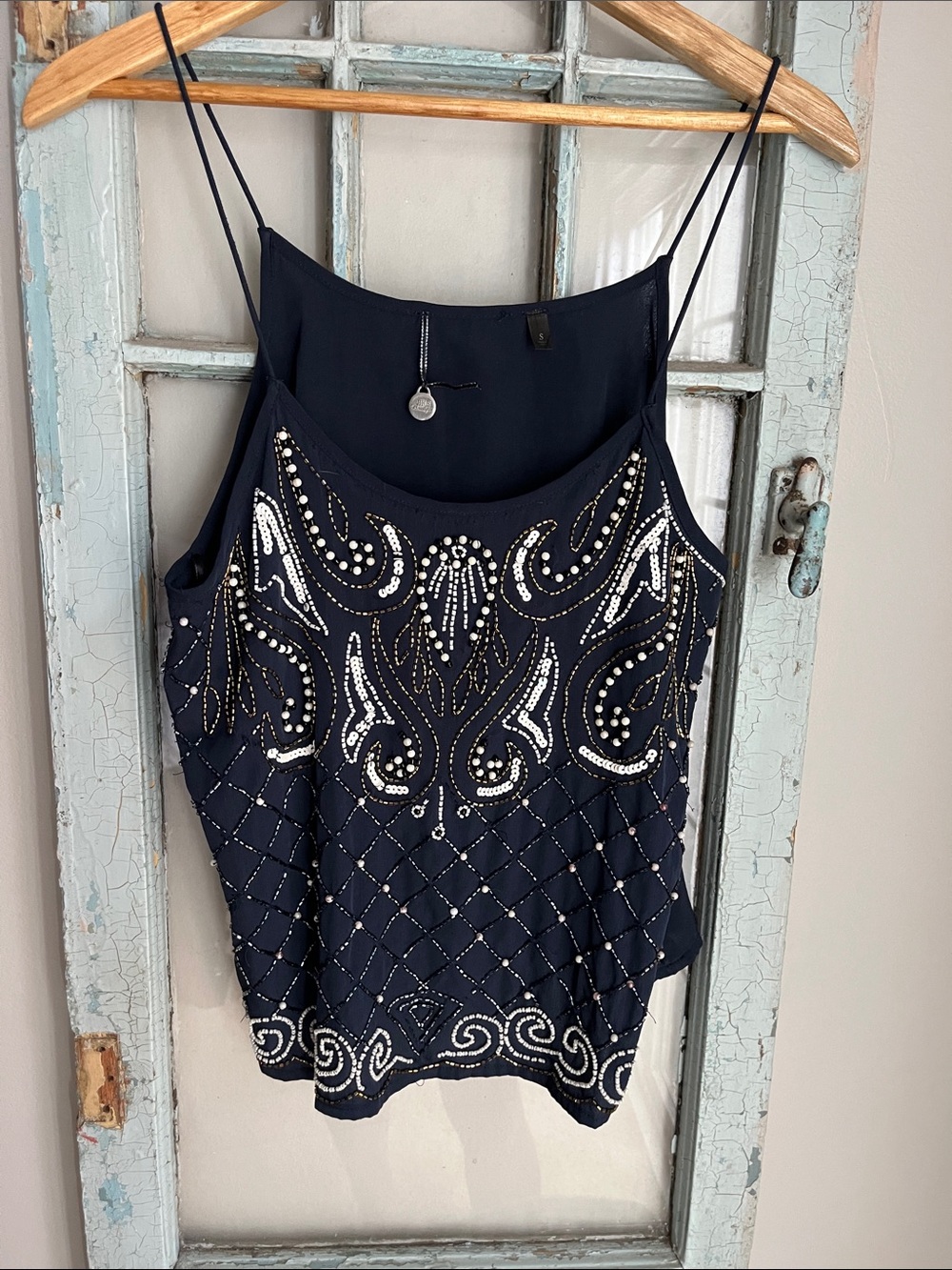 BKE Navy Beaded Spaghetti-Strap Cami